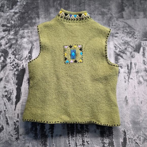 Icelandic Design Womens Wool Vest Embroidered Green Button Up Size S - Picture 2 of 14